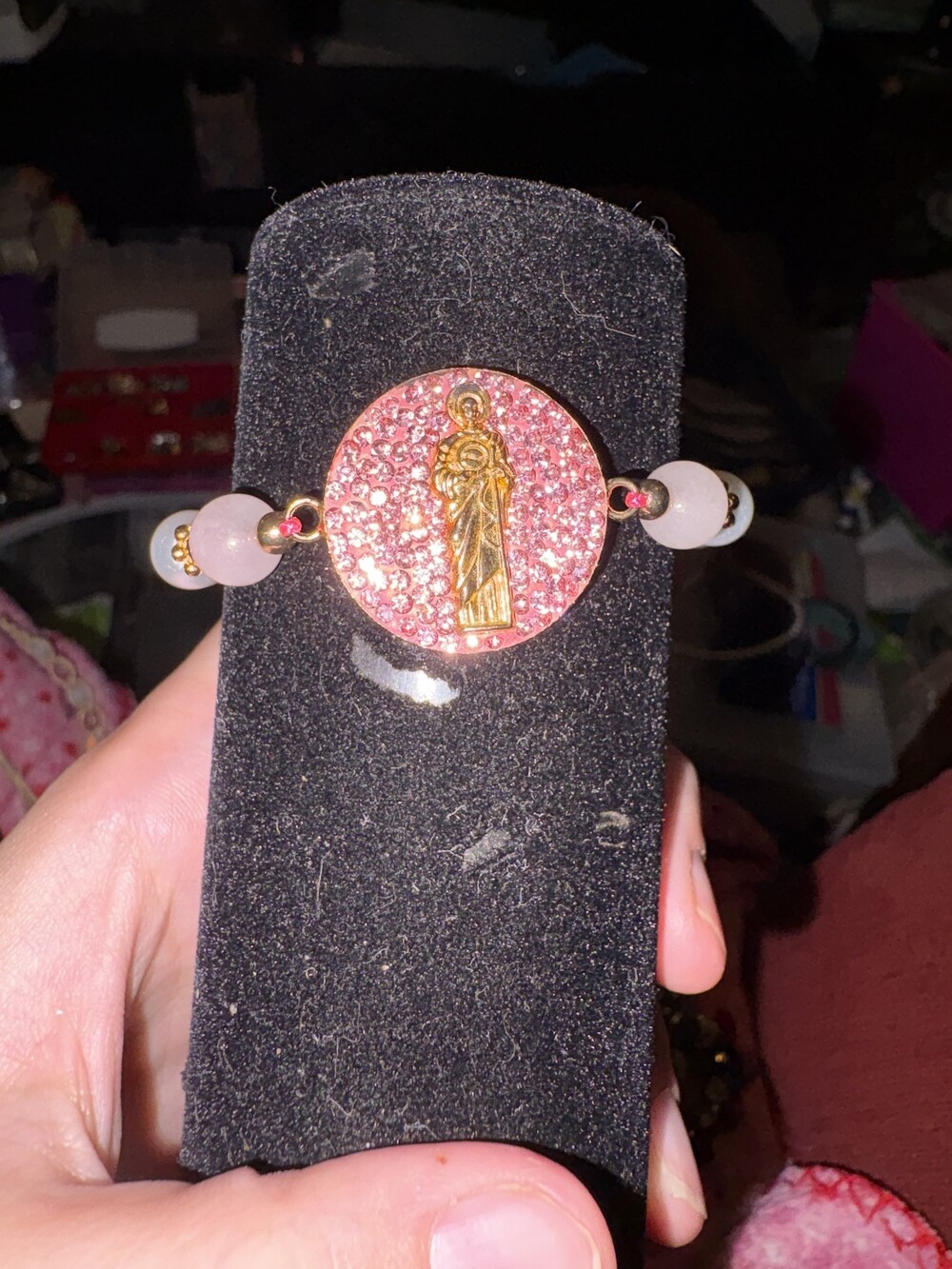 Pink Rhinestone Gold Tone Religious Figure Beaded Elastic Bracelet
